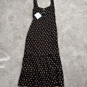 Cynthia Rowley Linen Blend Boho Polka Dot Sleeveless Maxi Dress - Black and Tan